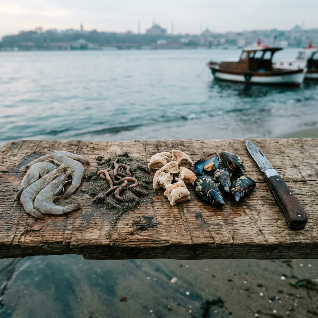 Tahta üzerinde karides, kum solucanı, midye ve ekmek hamuru gibi olta yemleri.