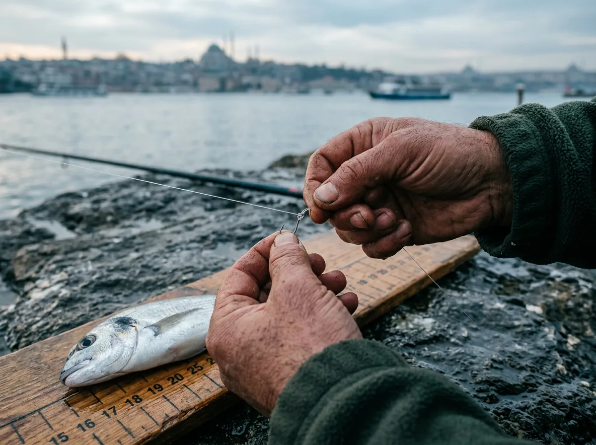 Bir balıkçının elleri olta ucuna düğüm atarken, yanında ölçülmeyi bekleyen küçük bir çipura.