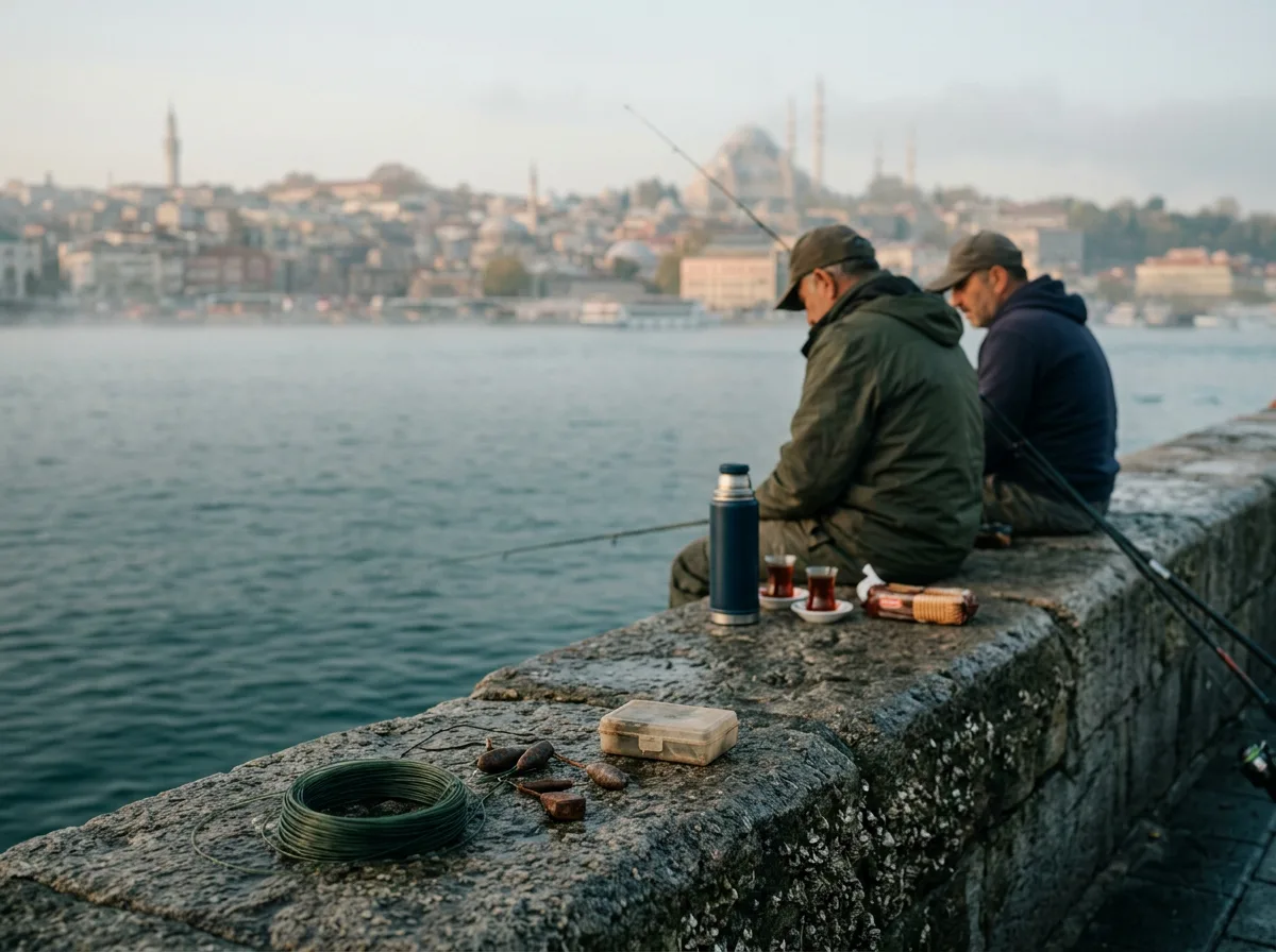Boğaz kıyısındaki taş duvarda çay molası veren ve olta kenara dayanmış iki balıkçı.
